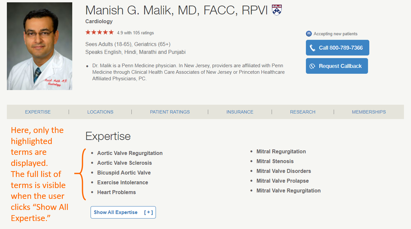 provider profile with highlighted clinical expertise terms